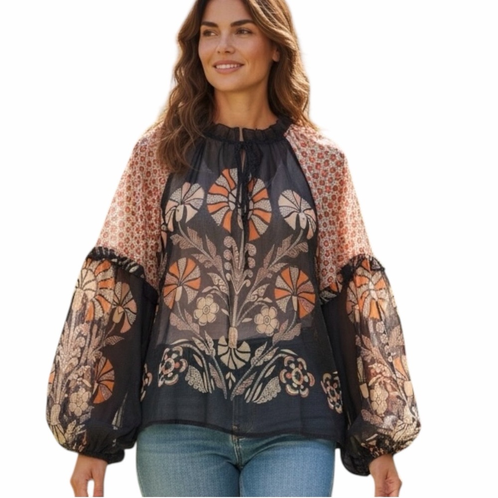 Forever That Girl - Anthropologie - Raglan Peasant Blouse Sheer Floral Size XS